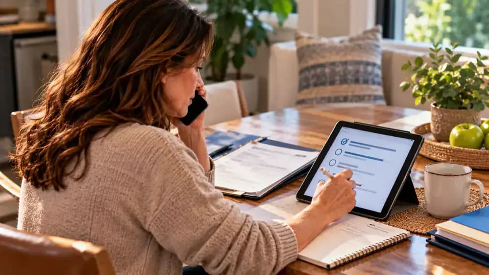 Patient speaking with a fictional specialist scheduling representative by smartphone while recording the call date, representative's name, outstanding insurance requirement, and next action on a tablet.