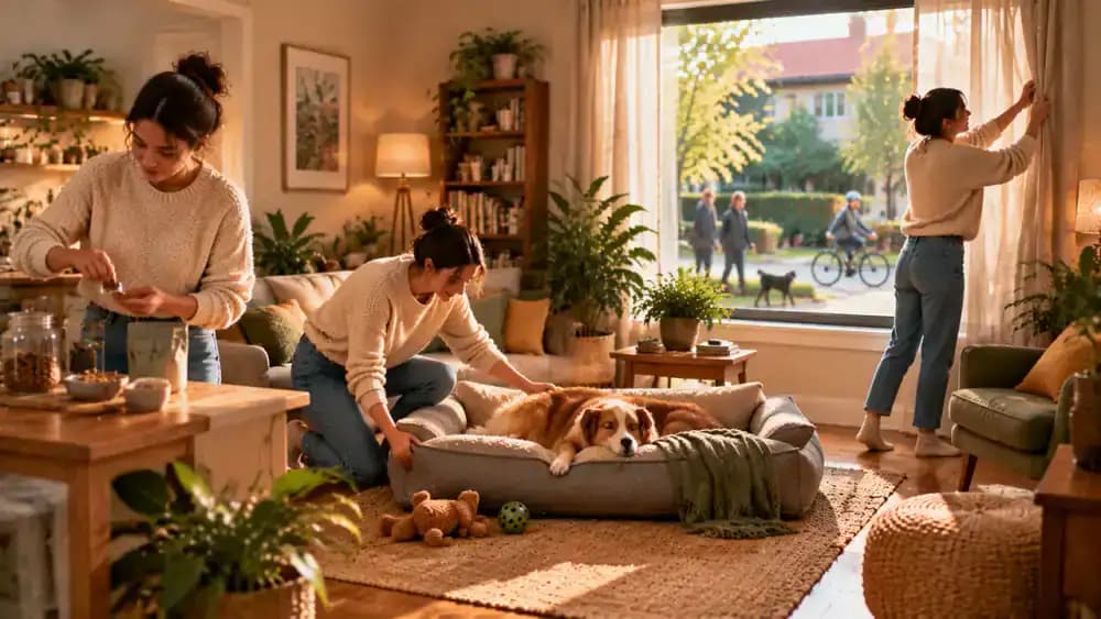Owner preparing small training treats, arranging a comfortable dog bed, and adjusting living room curtains while the dog relaxes as neighborhood activity continues outside.