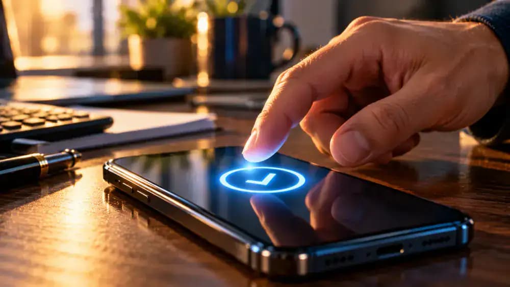 Close-up of a thumb hovering over a smartphone payment confirmation symbol, emphasizing the significance of authorizing a transfer.