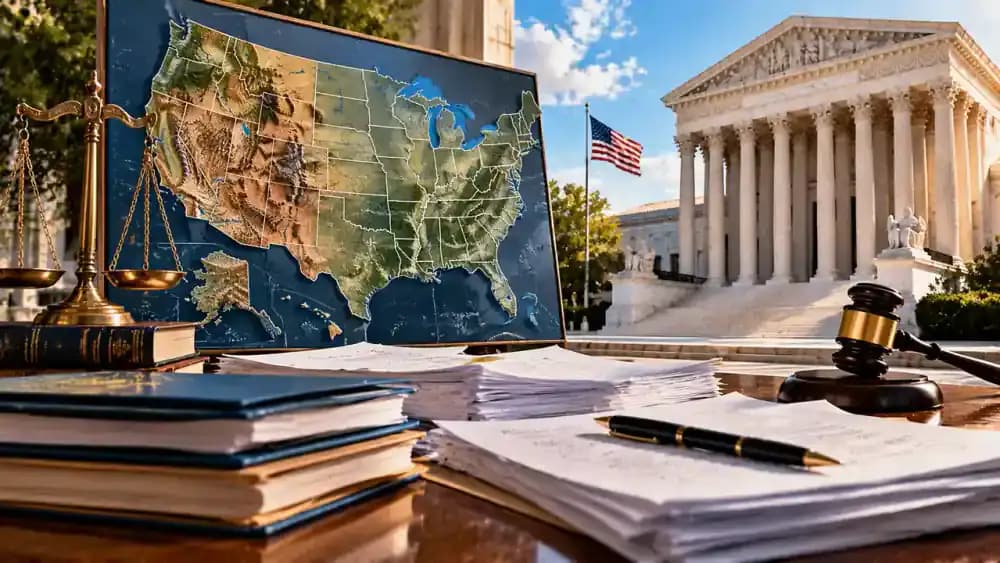 United States map beside legal documents and a courthouse exterior.