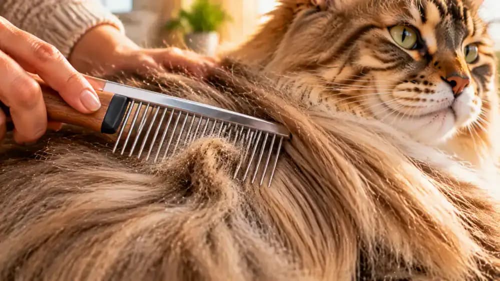 Close-up of an owner gently checking a long-haired cat's brushed coat with a wide-toothed comb, stopping to inspect a concealed knot when the comb catches.