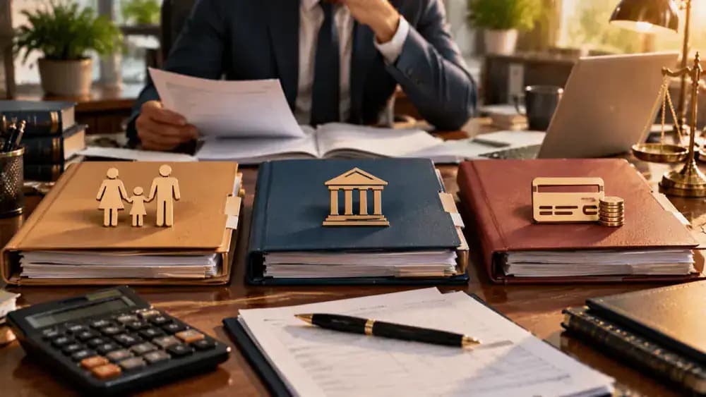 Separate legal folders representing family support, federal taxes, and consumer credit.