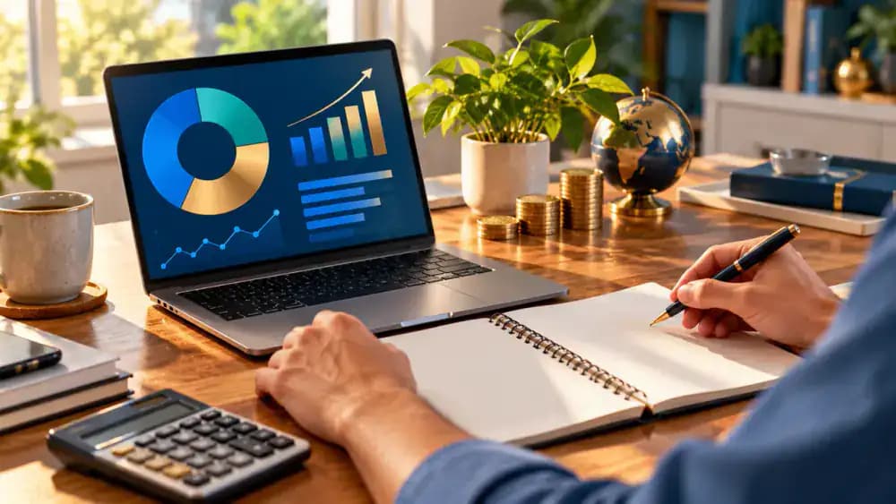 Laptop showing abstract investment allocation graphics beside a notebook for comparing HSA custodians.