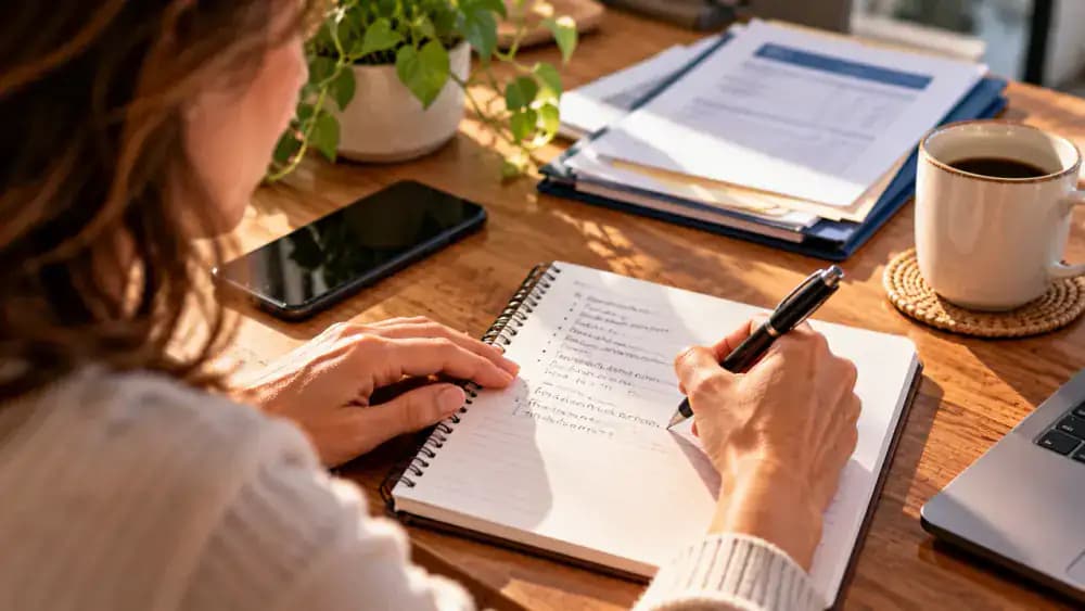 Close-up of hands recording a fictional specialist scheduling call in a spiral-bound communication log, including call date, department, representative, reference number, discussion summary, responsible contact, and expected update.
