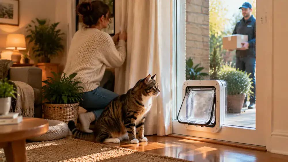A cat pauses near its familiar pet flap after a visitor knocks while the owner restores a quiet environment.