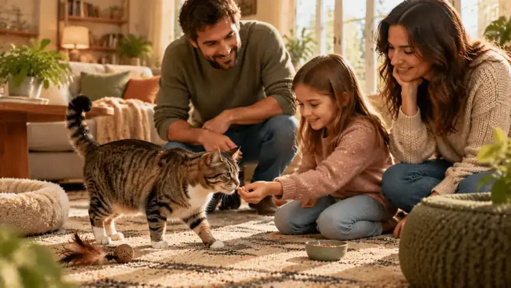 An adult demonstrating a gentle shoulder touch while another adult observes and a supervised child offers a treat to a cat that can approach freely in a family living room.