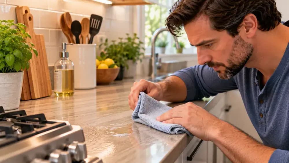 Adult homeowner using a second barely damp microfiber cloth to remove remaining soap film from a degreased surface while keeping a backsplash joint and damaged corner dry.
