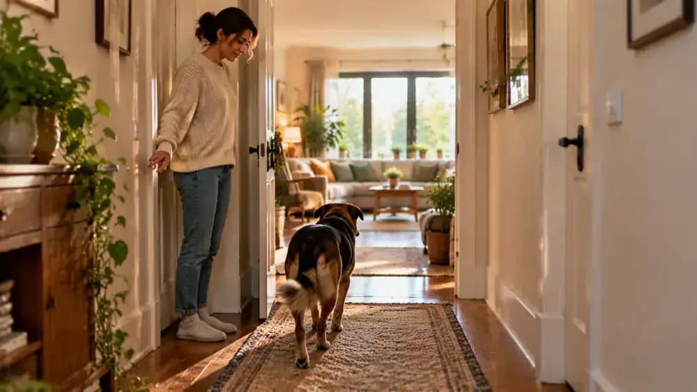 Newly adopted dog walking through a narrow hallway as a family member steps into an open doorway to let the dog pass without crowding it.
