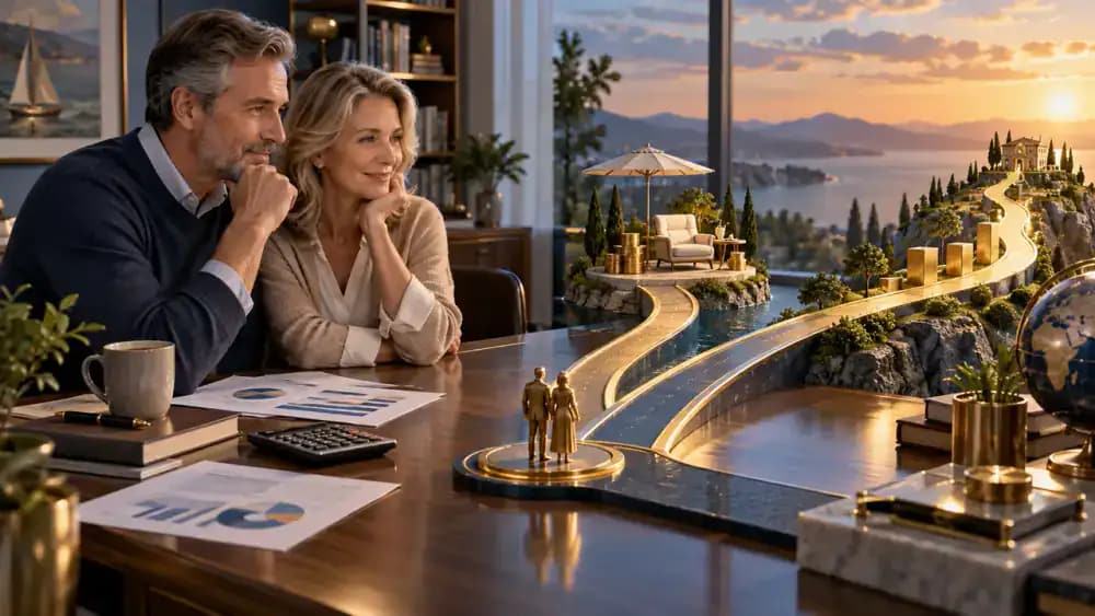 Two separate financial pathways, with one leveling off at a retirement milestone and another continuing into the distance.