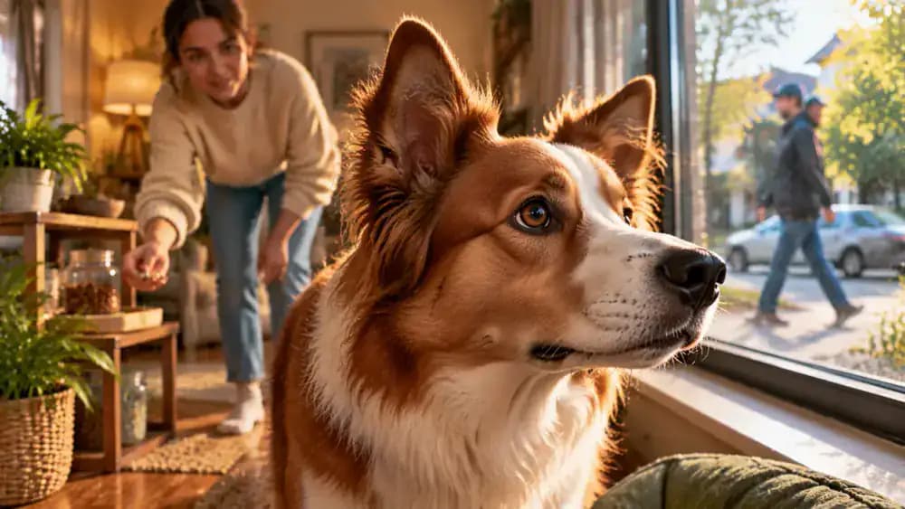 Close-up of a dog with raised ears, a closed mouth, and a stiffened posture while noticing movement outside as the owner guides it toward a nearby treat station.