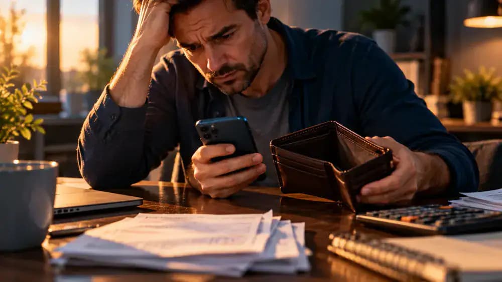 Worried person examining a smartphone beside an almost empty wallet after discovering a suspicious payment.