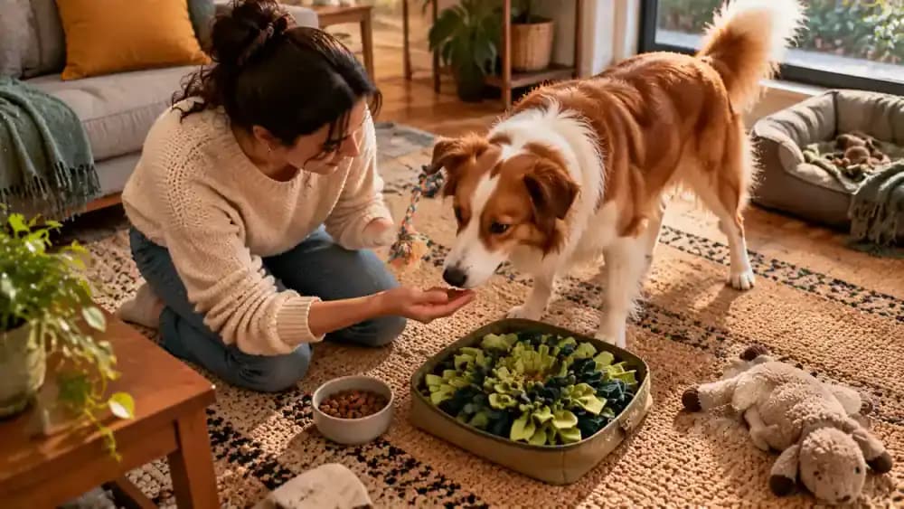 Owner offering a small treat, favorite toy, and sniffing game in turn while observing which reward keeps the dog engaged during indoor training.