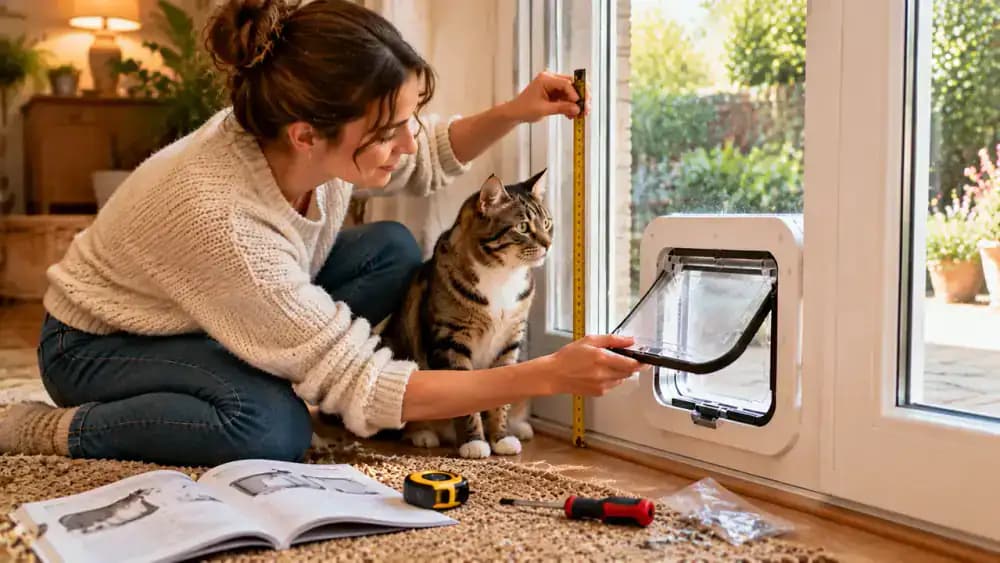 An owner checks the pet flap's height and magnetic resistance while inspecting the hinges and installation instructions.