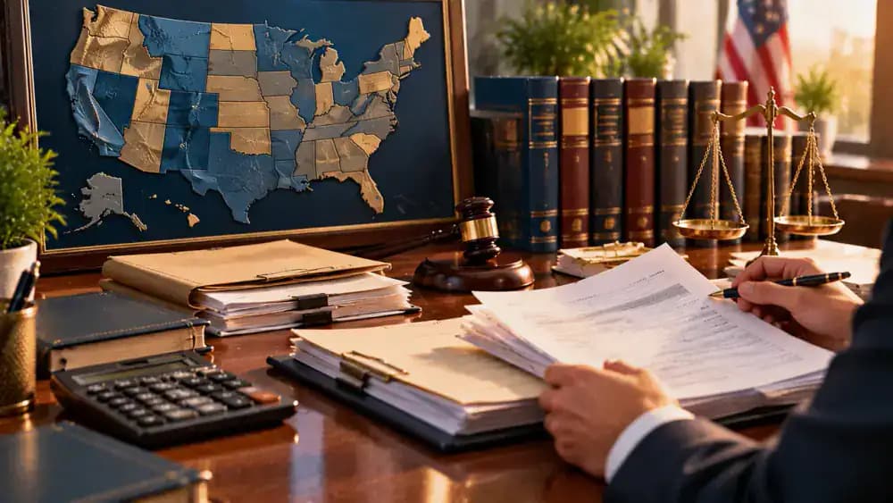 United States map beside legal reference books and organized court paperwork.