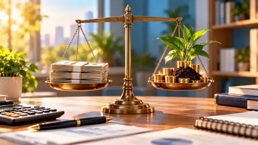 Balance scale comparing readily available cash with a growing investment plant.