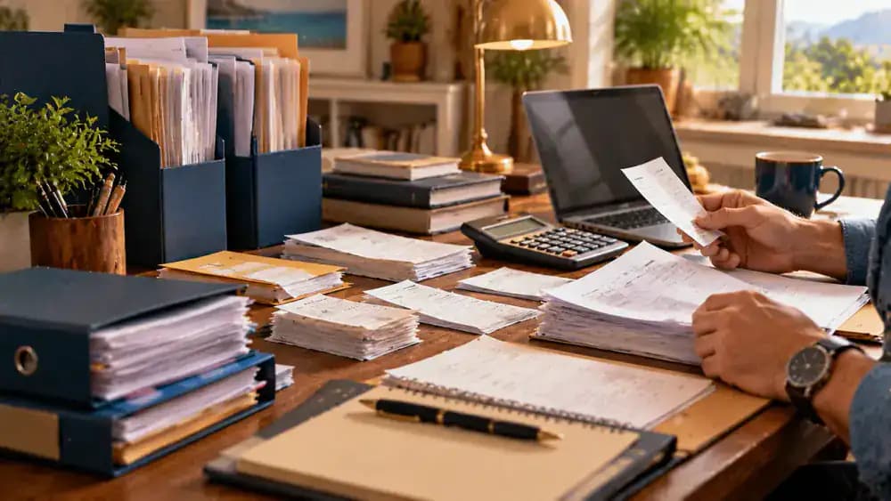 Organized financial records, payment receipts, and correspondence folders on a desk.