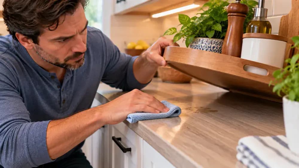 Adult homeowner testing laminate-safe cleaner on a hidden countertop area beneath a decorative tray using a microfiber cloth and angled kitchen light.