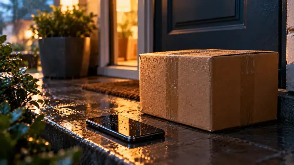 Unclaimed shipping box beside a smartphone on a rainy doorstep, symbolizing undelivered merchandise purchased through a payment app.