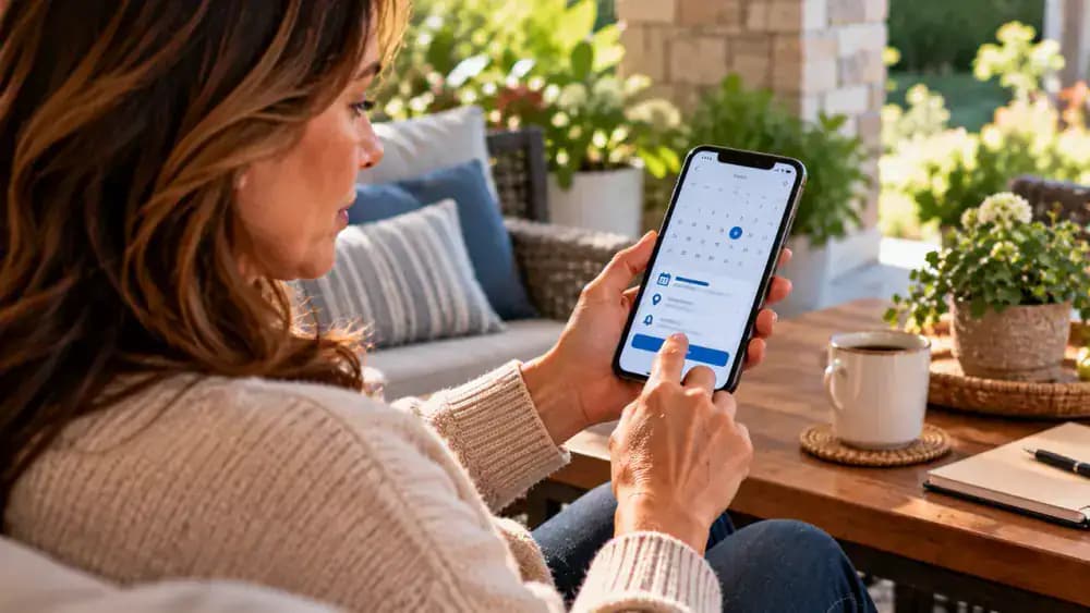 Adult caregiver entering a fictional specialist referral follow-up reminder into a smartphone calendar, using a contact log to add the expected update date, scheduling department, outstanding task, and sample reference number.