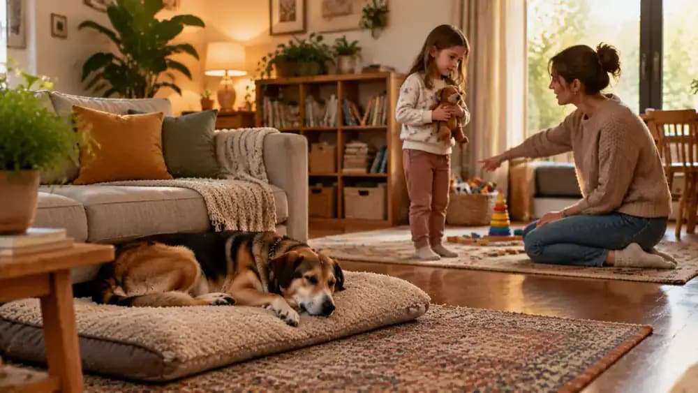 Newly adopted dog sleeping peacefully on a padded mat beside a sofa while a child stays back and an adult explains the household rule about undisturbed rest.