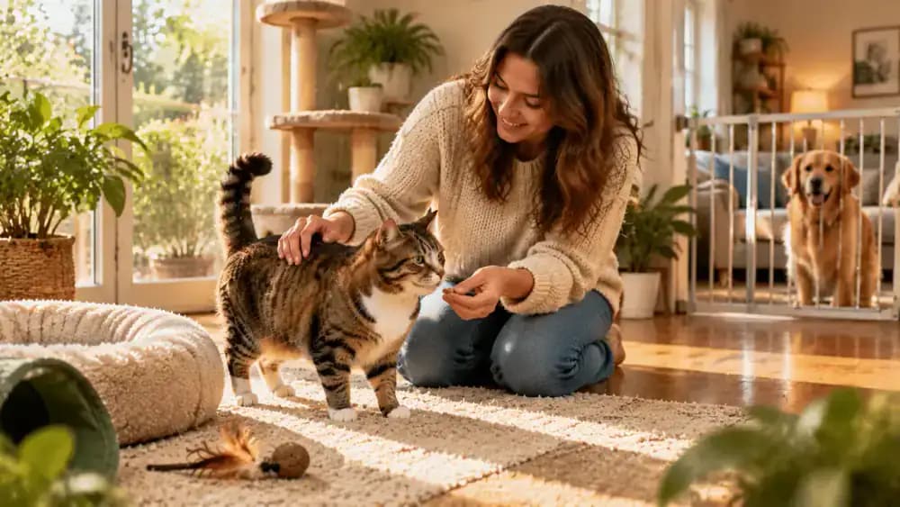 An owner preparing a few treats beside an alert cat near a sunny window while another pet remains behind a closed baby gate, followed by the cat practicing in a quiet hallway.