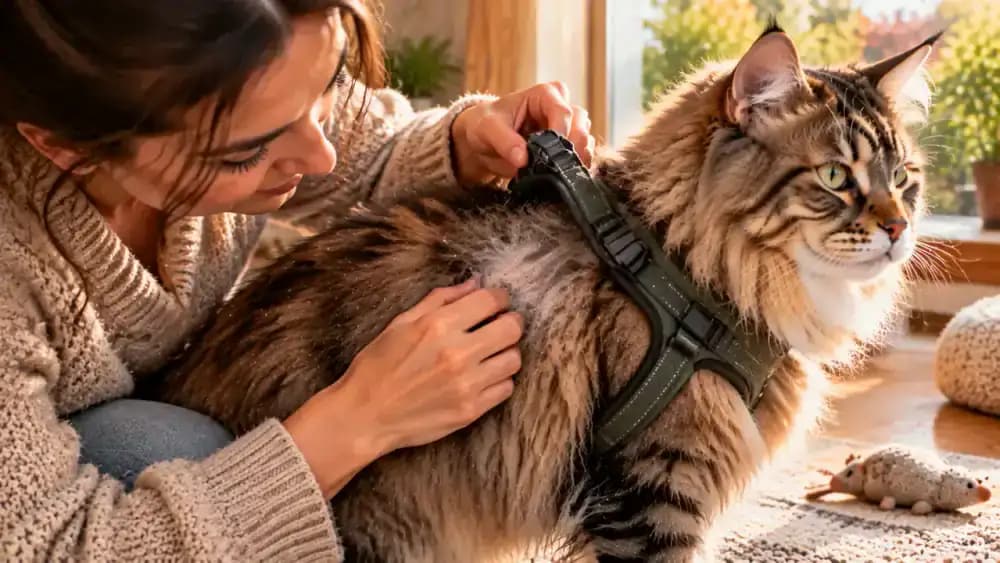 Owner removing a long-haired cat's harness after a supervised outing and carefully inspecting the flattened fur beneath the straps.