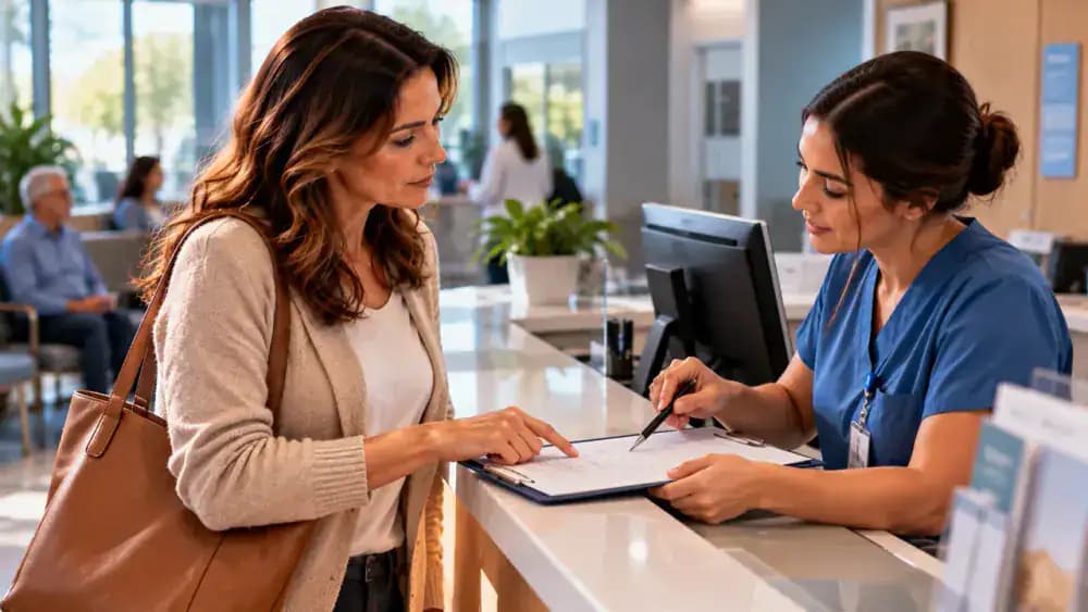 Patient reviewing a fictional specialist appointment confirmation screen with the date, time, specialist name, office address, visit format, confirmation method, and required forms.