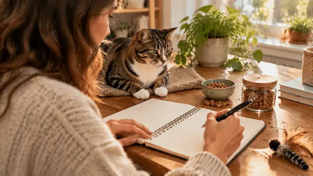 An owner writing dated notes about touch duration and rewards in a cat care journal, with check marks beside previous practice sessions and treats nearby.