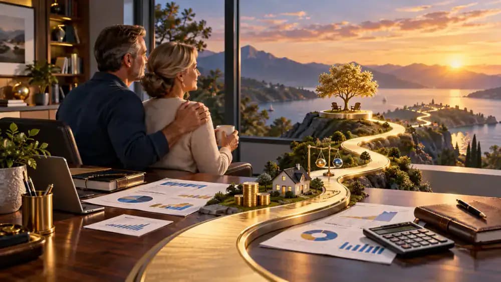 A long investment pathway continuing beyond a retirement milestone through several distant stages.
