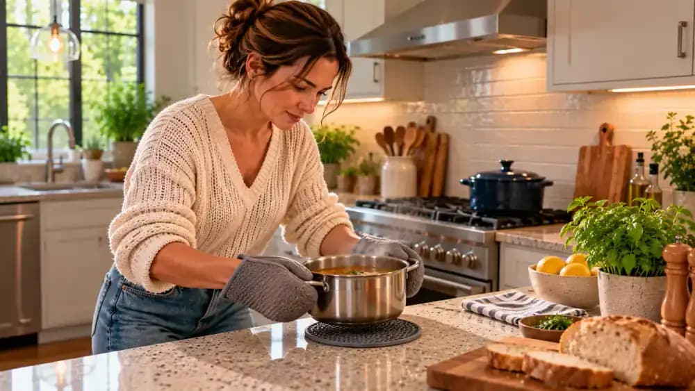 Homeowner using a dry oven mitt to place a hot stainless steel saucepan onto a heat-resistant silicone trivet on a light gray engineered quartz countertop beside the cooktop, keeping the hot pan separated from the quartz surface.