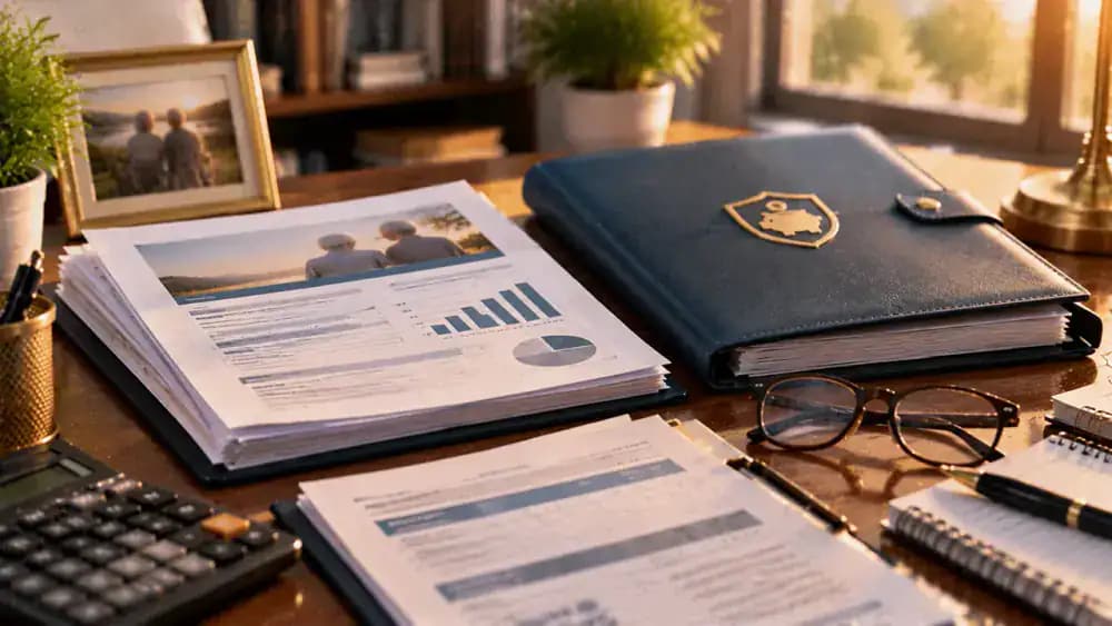 Retirement benefit documents beside a secure savings folder and reading glasses.