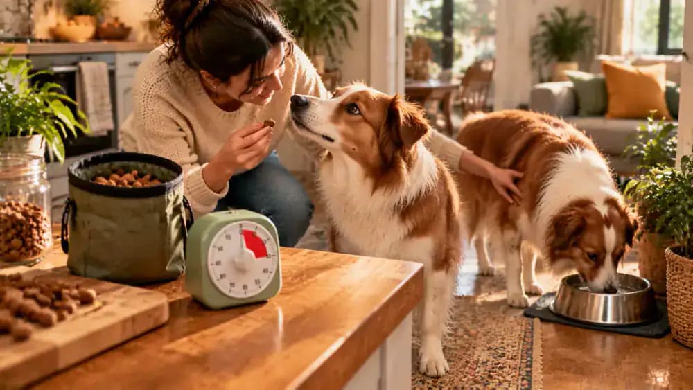 Kitchen timer beside an owner rewarding a dog for calm check-ins during a brief training session before putting away treats and offering a quiet water break.