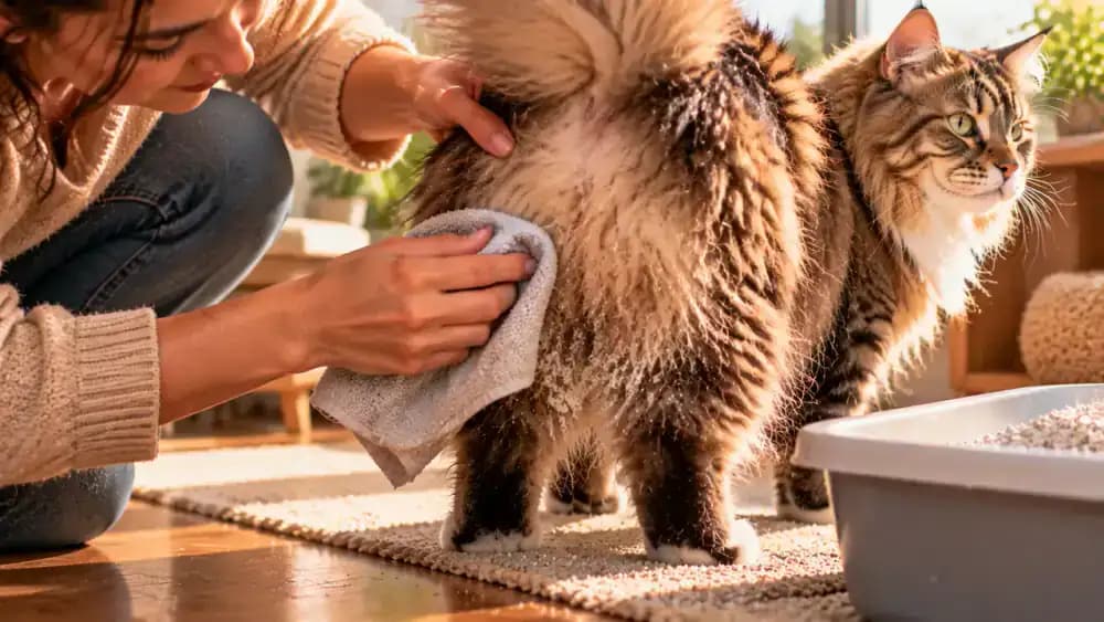 Long-haired cat standing on a clean, nonslip surface while its owner checks the hindquarters and gently removes a loose piece of litter from the outer fur with a damp cloth.