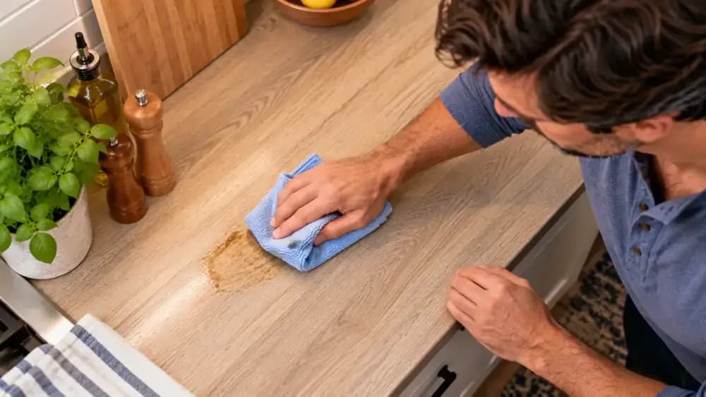 Overhead view of an adult homeowner gently cleaning a stubborn mark on a laminate countertop with a lightly damp microfiber cloth while keeping nearby seams and edges dry.