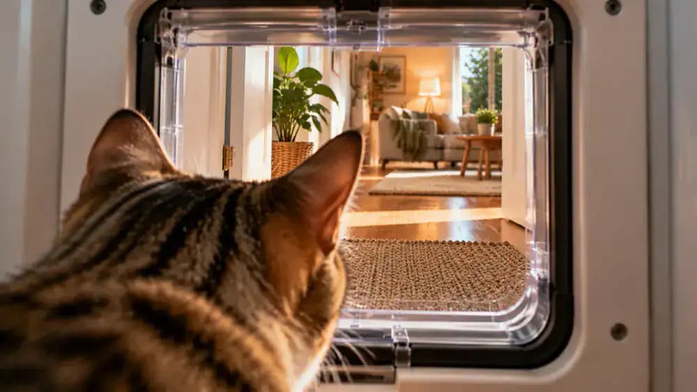 An owner improves visibility beyond a transparent pet flap by turning on a light and moving a reflective object as the cat investigates.