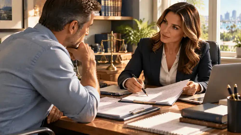 Consumer consulting an independent attorney across an office desk.