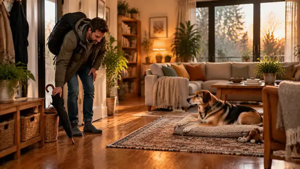 Adult standing across a familiar living room holding a closed umbrella and wearing a large backpack while a newly adopted dog watches calmly from a comfortable distance.