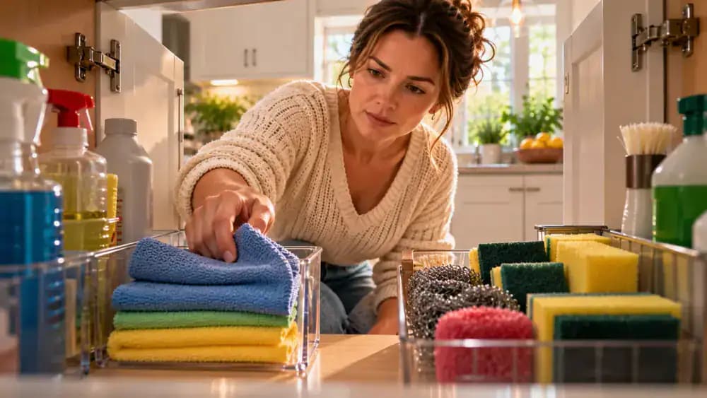 Homeowner selecting soft microfiber cloths and mild dish soap from a kitchen cabinet while leaving abrasive cleaning powder, steel wool, and rough scouring pads stored away, then gently wiping a light gray engineered quartz countertop.