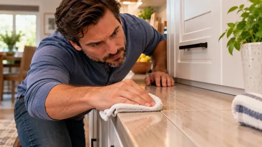 Adult homeowner drying a freshly cleaned laminate countertop with a clean towel, carefully pressing along a nearby seam and backsplash joint to remove remaining moisture.