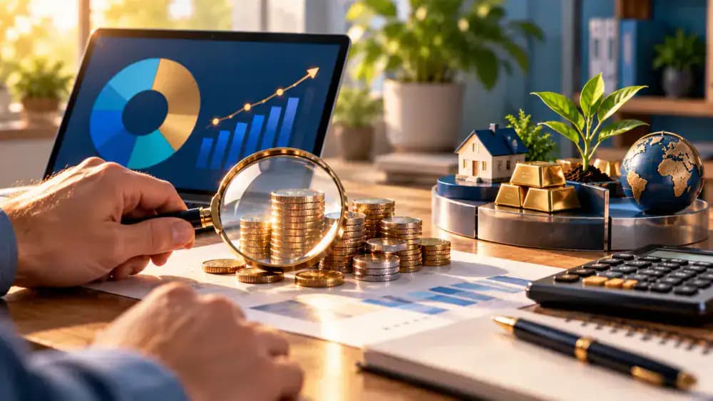 Magnifying glass examining coins beside an investment display to illustrate fees reducing savings.