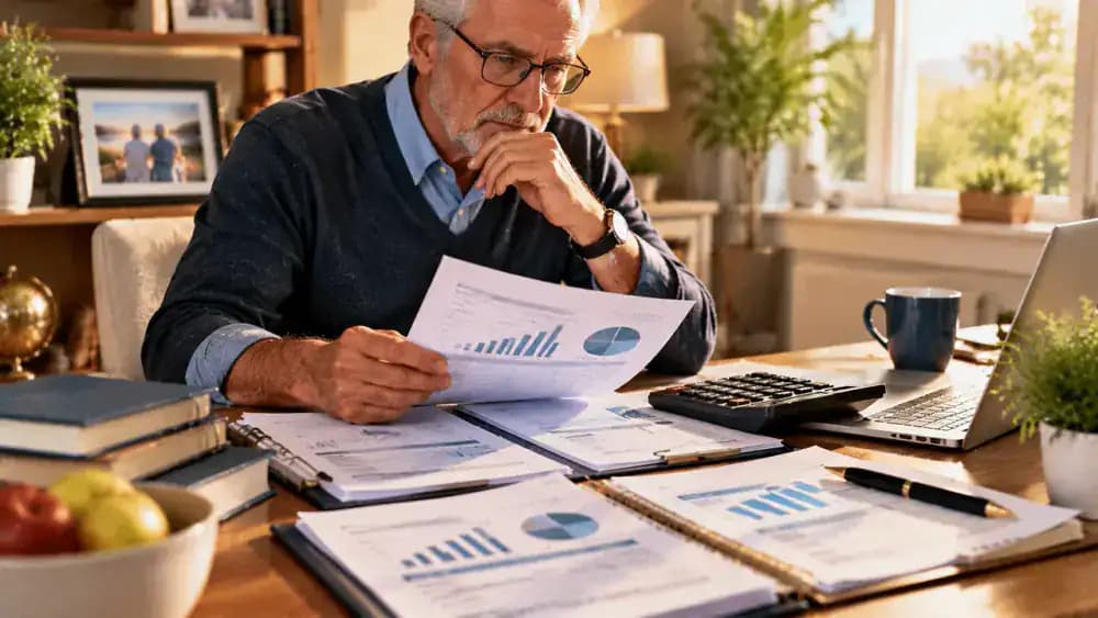 Older adult reviewing retirement income records and household expenses at a bright desk.