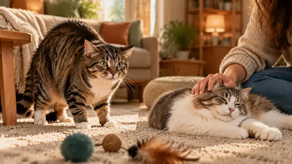 A comparison of a tense cat with a lowered, rigid body and wide eyes and a relaxed cat resting with loose muscles, as an owner withdraws a hand from the tense cat.