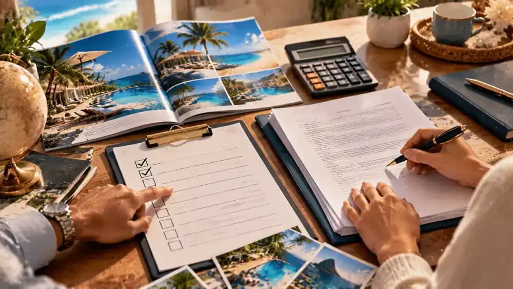 Timeshare decision checklist with calculator, travel brochure, and contract documents.