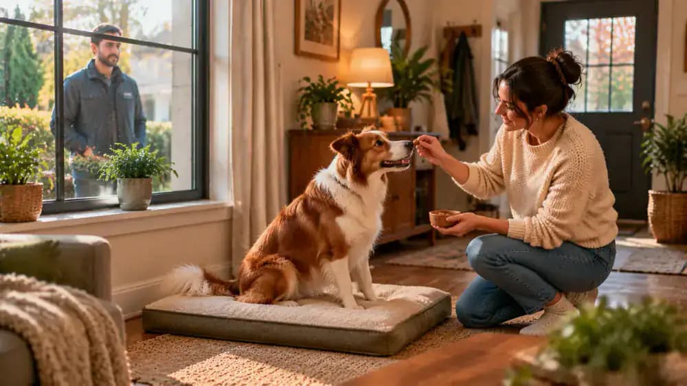 Dog barking at a closed window as a visitor approaches outside while the owner guides the dog to a mat and rewards a quiet sit without opening the window.
