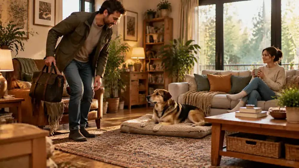 Adult slowly standing from an armchair and picking up a work bag while a newly adopted dog watches from its mat and another family member remains seated nearby.