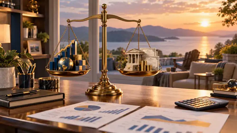 Balanced scales displaying stock and bond assets against a peaceful retirement landscape.