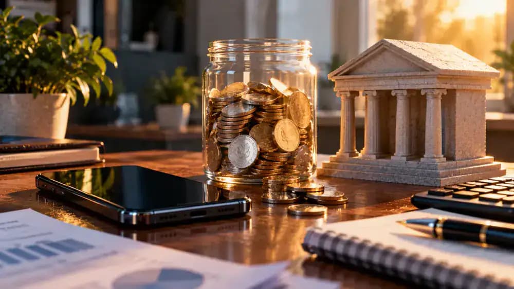 Smartphone beside a transparent container of coins and a miniature bank building, illustrating the difference between app balances and bank deposits.