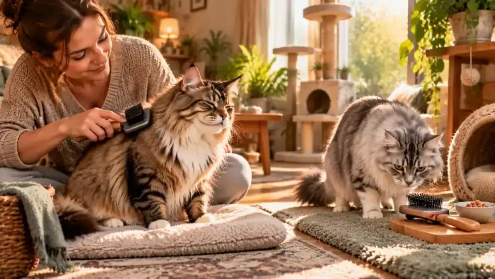 Two long-haired cats with different coat textures receiving individualized grooming, with the owner using separate labeled grooming kits and recording each cat's coat-care needs in a notebook.