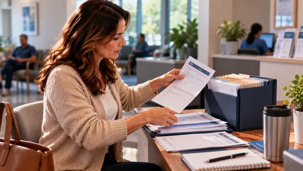 Patient saving a fictional specialist appointment confirmation in a secure computer folder, reviewing pre-visit forms and deadlines, and organizing a printed copy in an accordion folder.