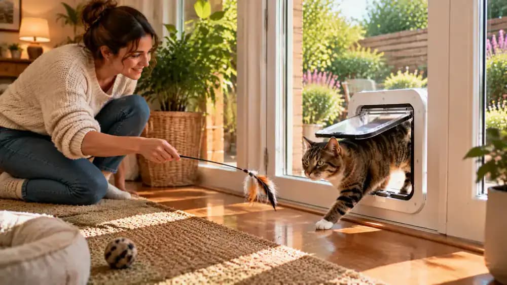 An owner gently guides a wand toy across a pet flap while a cat voluntarily follows and plays on the other side.